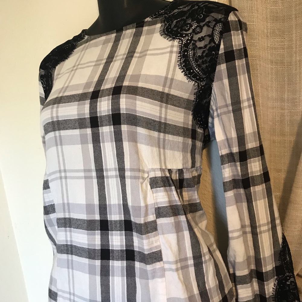 Plaid Long Sleeve Lace Checker Button Blouse Top